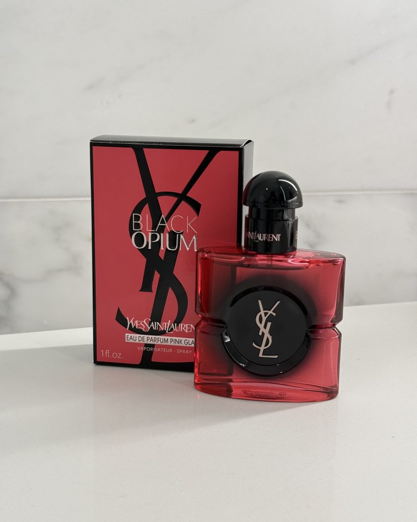 YSL Black Opium Pink Glaze perfume bottle beside its box